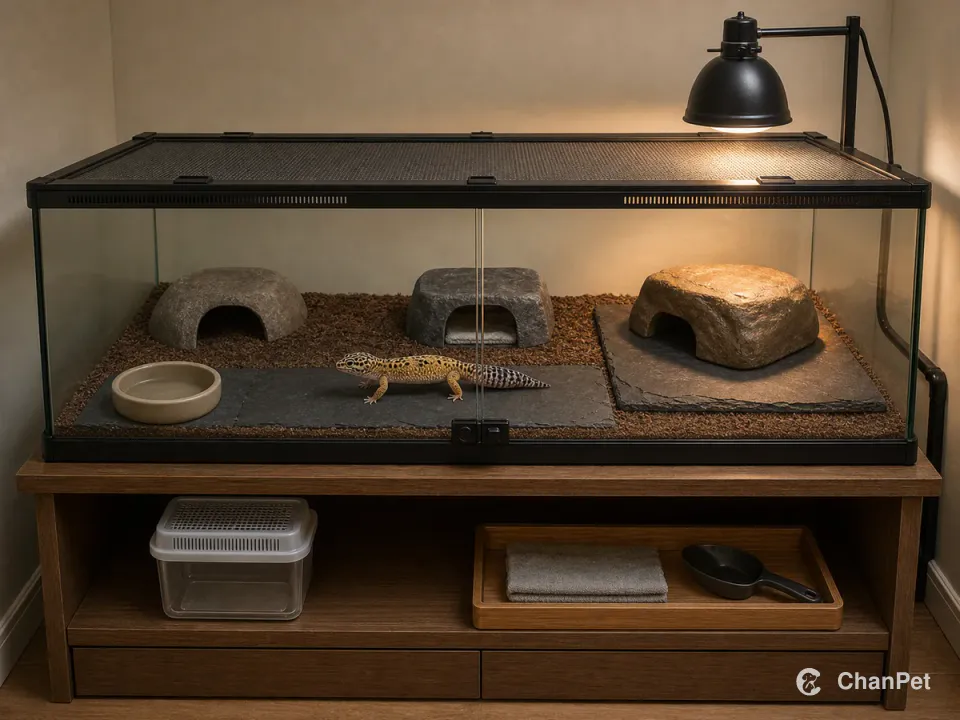 An adult leopard gecko walks along the slate path inside a large closed glass terrarium. An external heater serves the right warm slate and hide, a separate humid hide occupies the middle, and the darker left end holds a cool hide and water bowl. The double doors, center latch and full mesh roof remain closed above an outside feeder keeper and cleaning tray.
