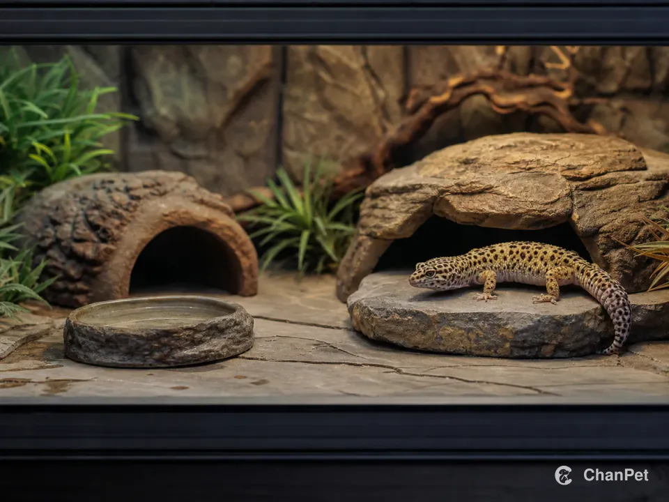 A leopard gecko resting by a stone hide in a terrarium beside a shallow water dish and a second hide