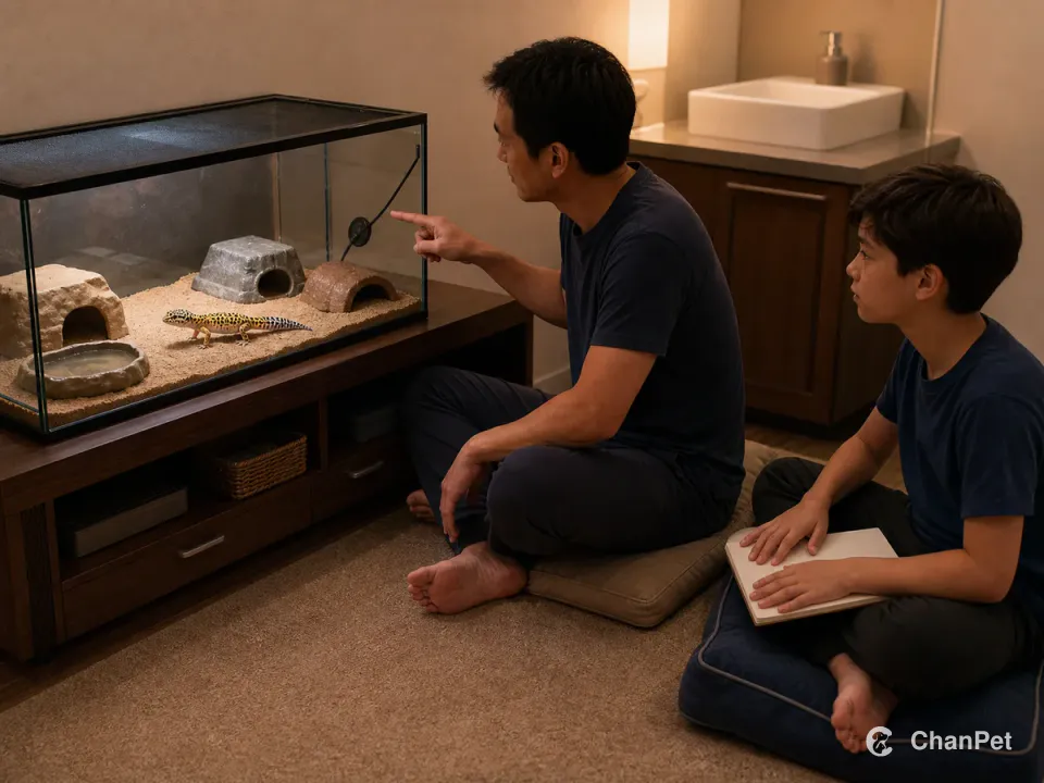 An adult sits beside a closed leopard gecko terrarium while a school-age child watches from a separate cushion with a blank notebook