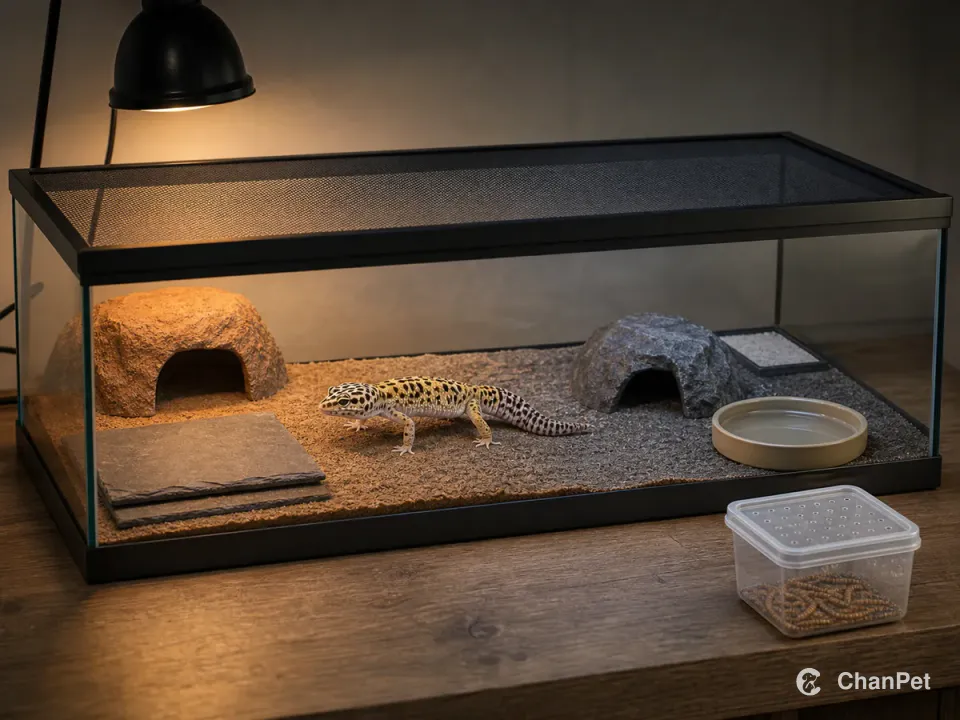 A leopard gecko in a closed glass terrarium with a warm slate, two hides, fresh water, a spot-cleaning area, and a sealed feeder tub outside
