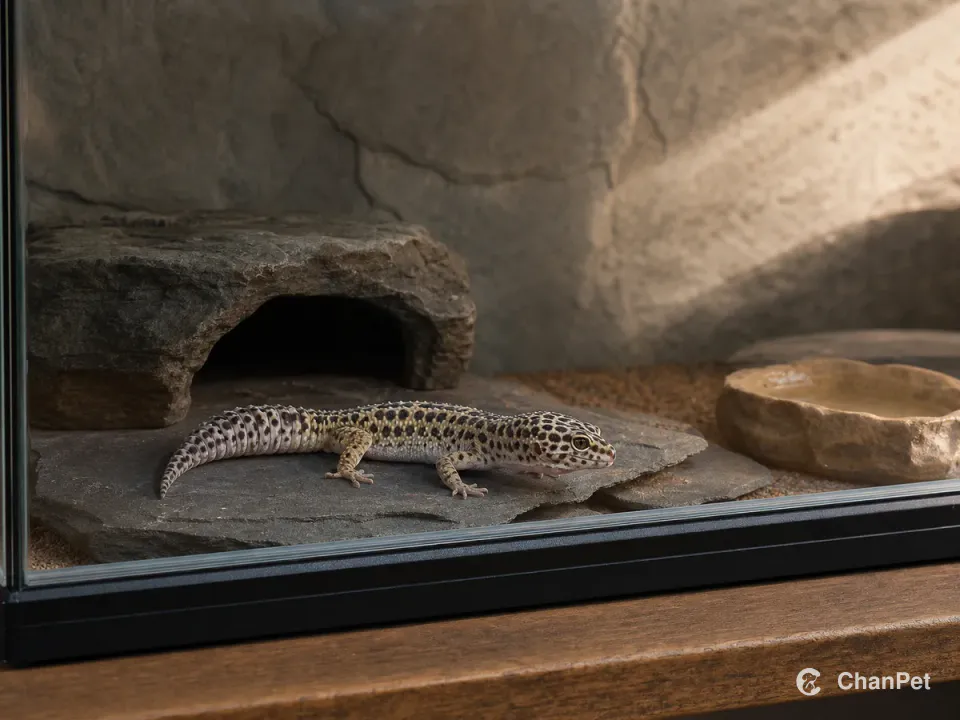 A healthy leopard gecko rests on dry slate in a clean glass terrarium with a hide and water dish; the camera looks through an intact closed front panel.