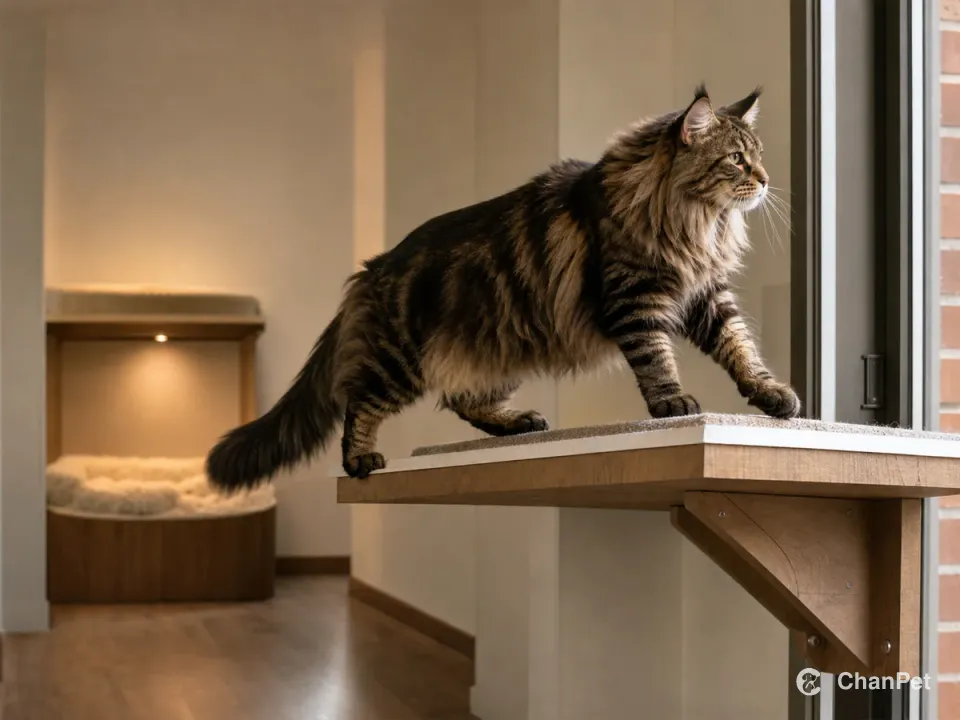A Maine Coon walks across a firmly mounted platform; a separate roomy resting nook sits behind it.