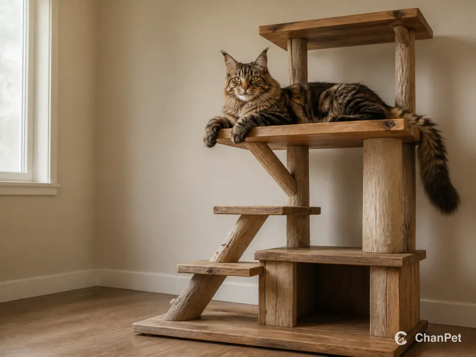 An adult-scale brown tabby Maine Coon resting on a broad platform of a sturdy multi-level climbing structure with a route down.