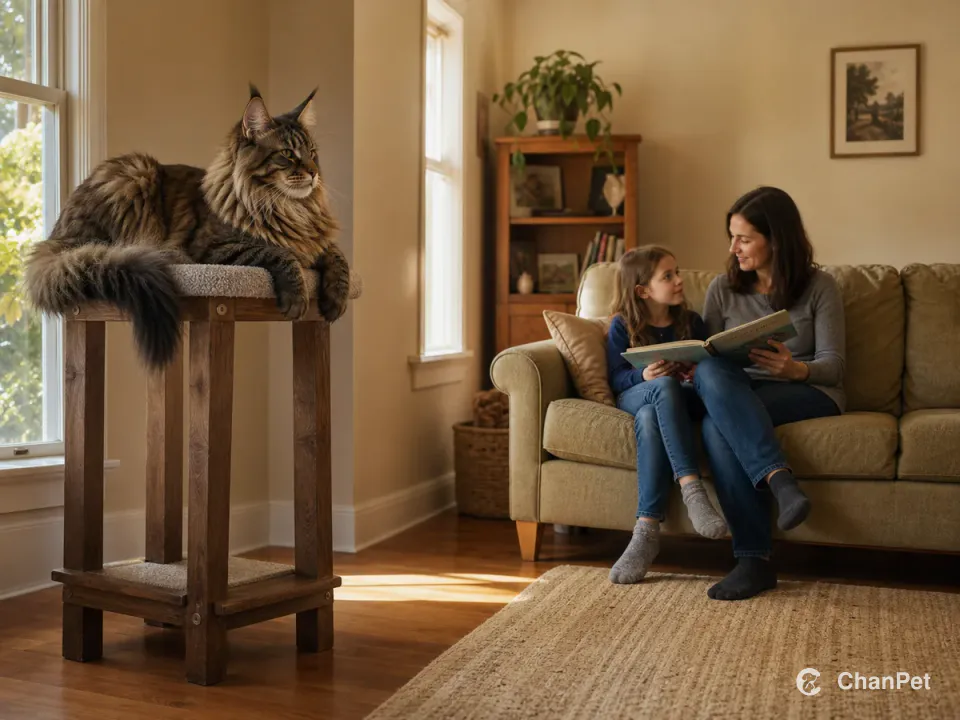 A Maine Coon resting on a high perch while a child and adult read quietly on a distant sofa