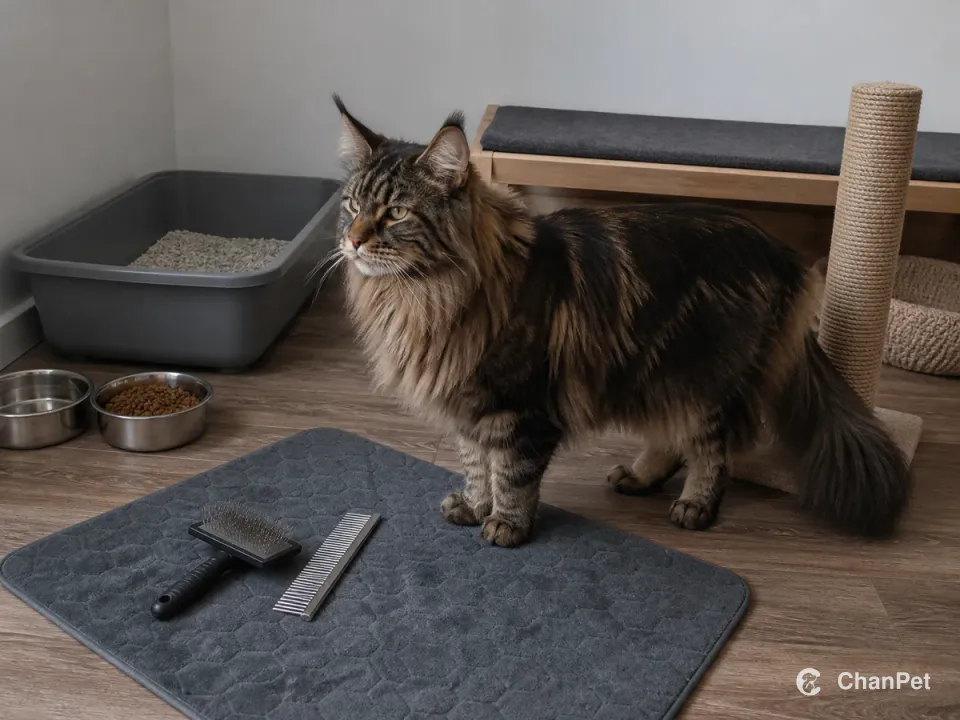 A large Maine Coon stands beside a grooming mat with a roomy litter tray, food and water, scratcher, and raised resting area nearby.