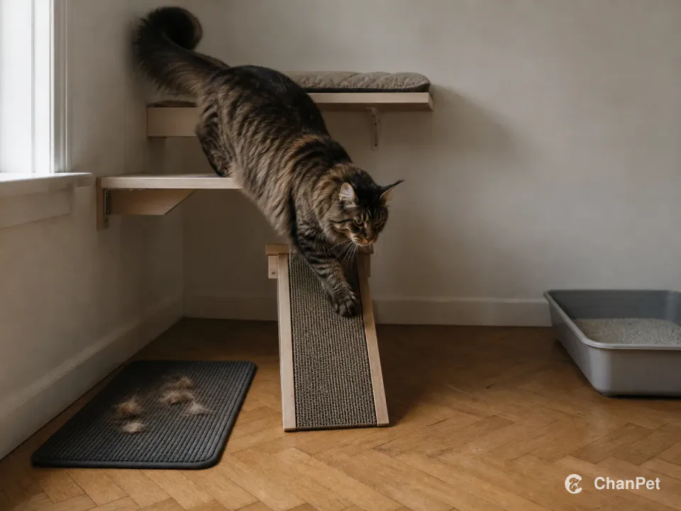 An adult Maine Coon walking down an indoor high route and scratching surface, beside a grooming mat with naturally shed fur and a separate litter area.