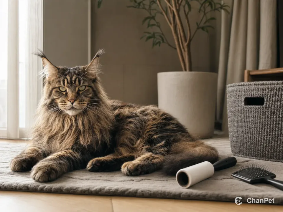一只缅因猫躺在安静整洁的梳毛角，旁边放着无标识的粘毛器和梳子。