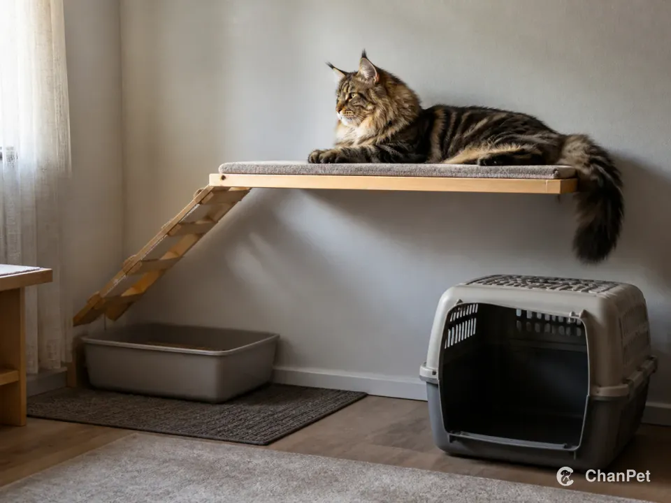 An adult Maine Coon resting on a sturdy elevated platform beside a wide litter area and an unbranded carrier, each in a clear position.