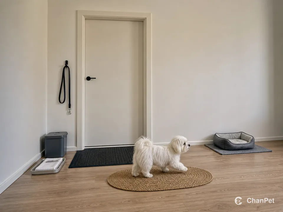 A Maltese turns from a closed apartment door onto a separate pause mat, with the lead and coat-cleanup tools kept at the entry and a bed beyond.