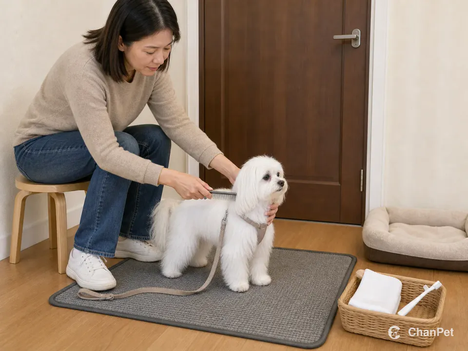 A Maltese stands on an entry mat while its caregiver combs the white coat beside a closed door, bed and care basket.