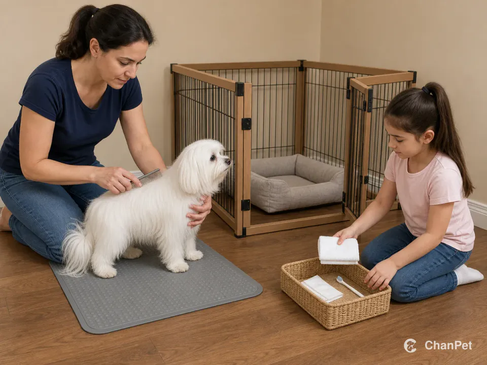An adult combs a Maltese outside an open pen while a child returns a clean towel to the care basket and the bed remains clear inside.