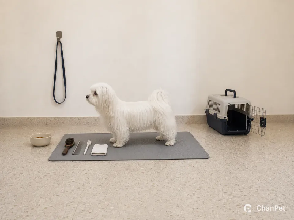 A Maltese stands on a care mat beside a brush, comb, dog toothbrush, eye-care cloth, measured food bowl, leash, and open carrier
