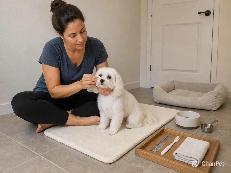 A caregiver wipes beneath a Maltese's eye on a care mat beside a comb, dog toothbrush, food bowl and measuring scoop.