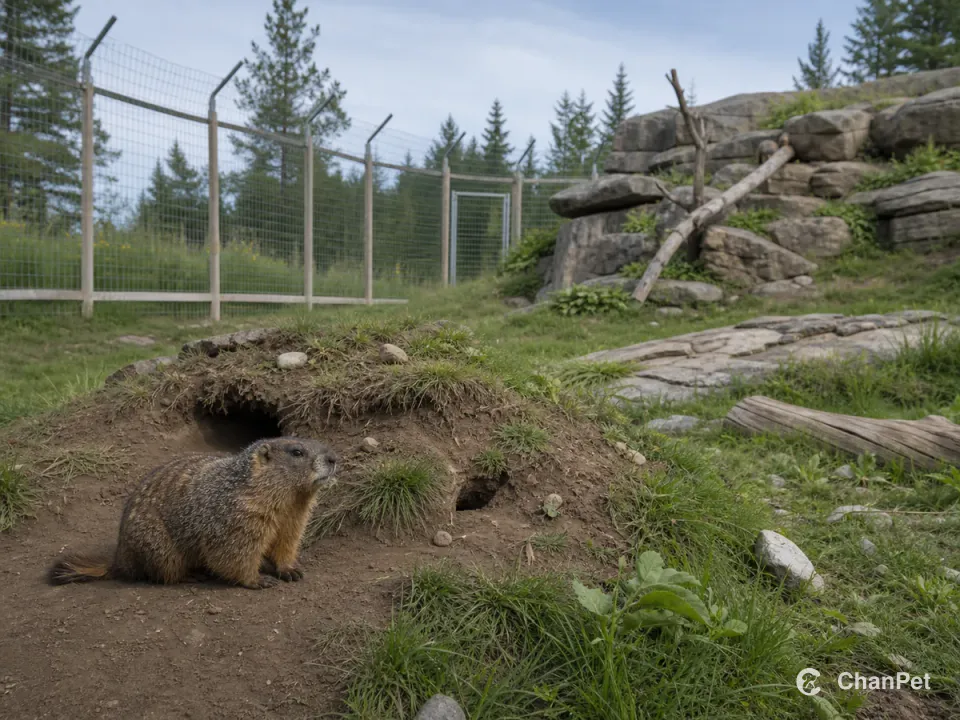 A marmot at the entrance to a burrow mound in a professional outdoor enclosure, with a rock climbing area and continuous secure fencing.
