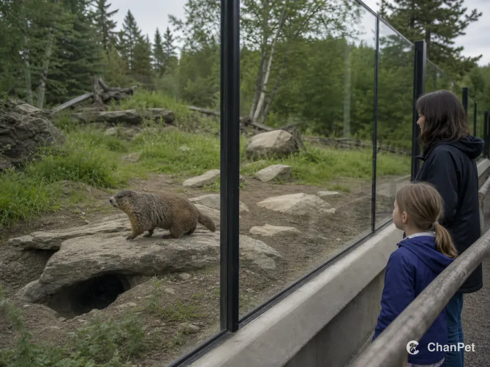 An adult and child observe a marmot through glass in a large naturalistic welfare enclosure.