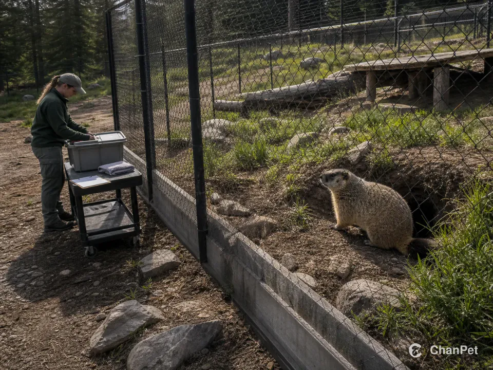 A caregiver prepares inspection supplies outside a fence while a marmot moves inside a naturalized enclosure.