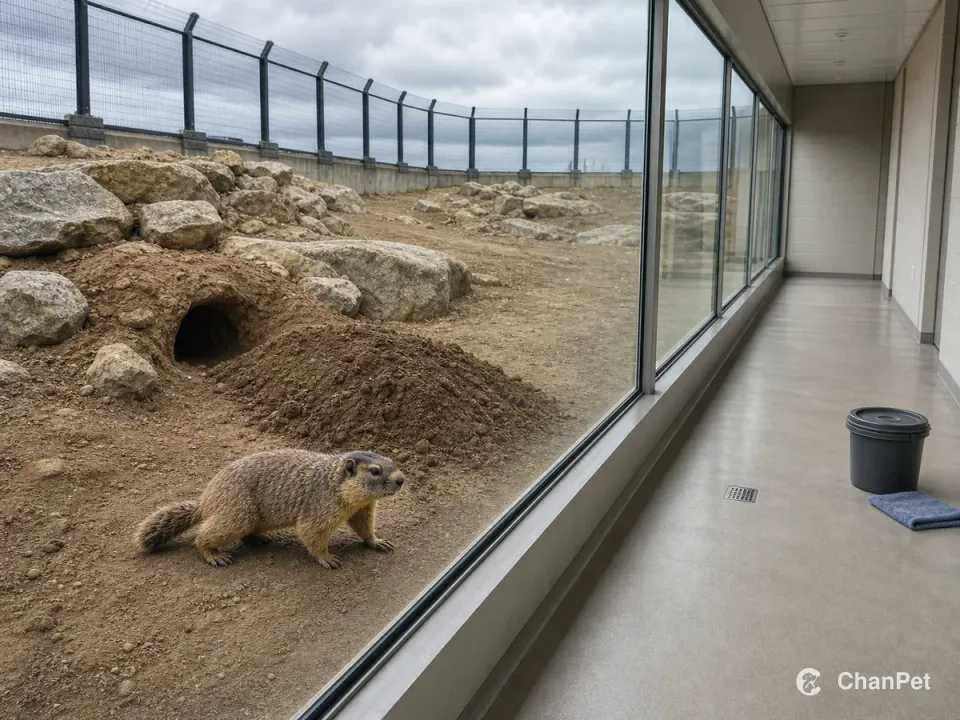 A marmot moves through a diggable outdoor habitat beside a clean observation corridor separated by continuous glass.