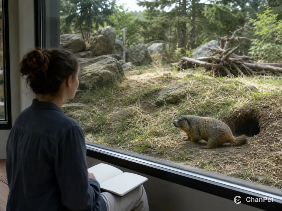 A student observes a marmot in a professional enclosure through a viewing window with an open blank notebook on their lap.