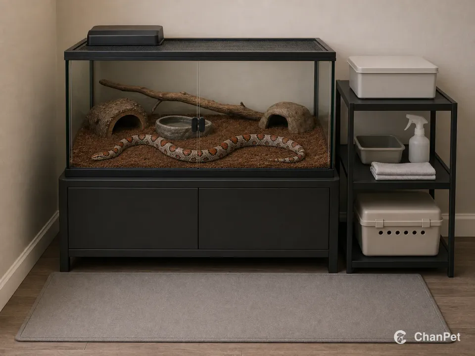 A closed eastern milk snake enclosure has a full cleaning lane in front while a narrow shelf separates food storage, cleaning supplies, and a transport box.