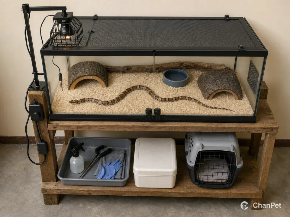 An eastern milk snake rests in a locked enclosure above complete heat control, hides, water, prey-hygiene storage, and a veterinary carrier