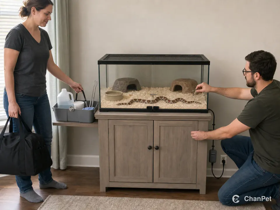 An Eastern milk snake with red-brown black-edged blotches follows a continuous path inside a closed enclosure as two adults hand off water and care tools beside a travel bag
