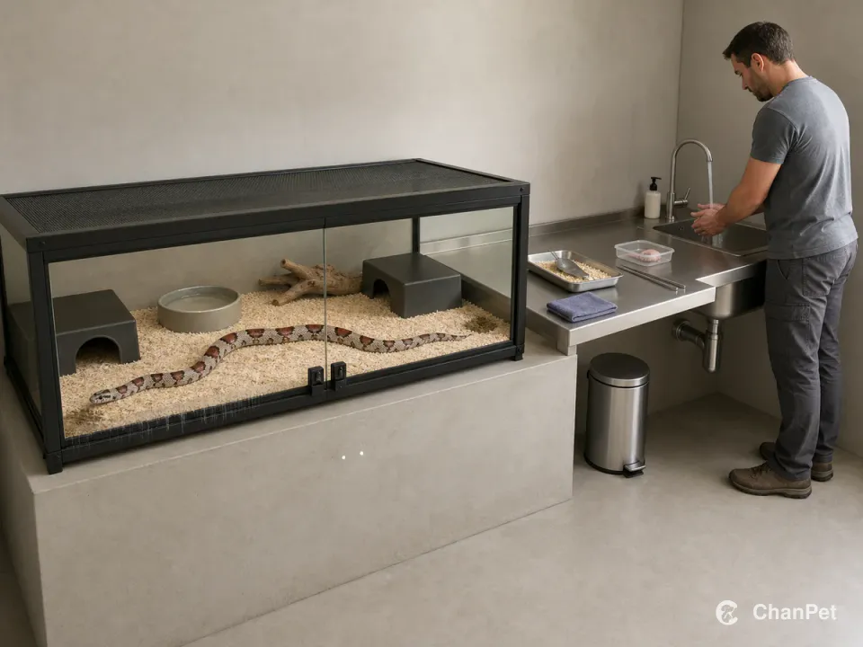 An Eastern milk snake lies fully visible in a closed substrate enclosure beside water, glass marks, a fixed residue counter, sink, and an adult washing hands