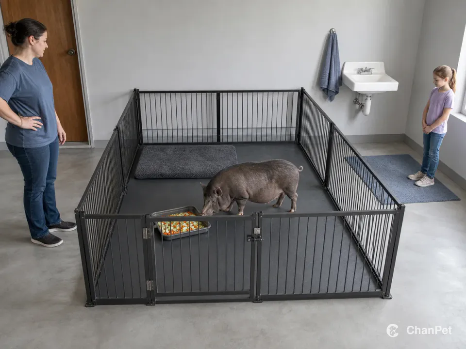 A mature companion mini pig forages on nonslip flooring inside a closed pen while an adult supervises by the latch and a child observes from a hygiene mat