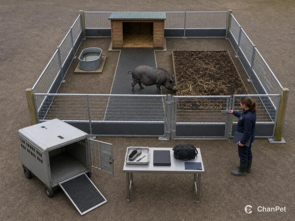 An adult companion pig uses a complete specialist paddock beside a non-slip path, rooting bed, secure gate, empty transport crate, hoof tools, and veterinary bag