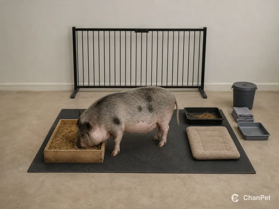 成年小香猪在防滑垫上的觅食箱里拱找,旁边分开放着排泄盘、休息垫和清洁用品
