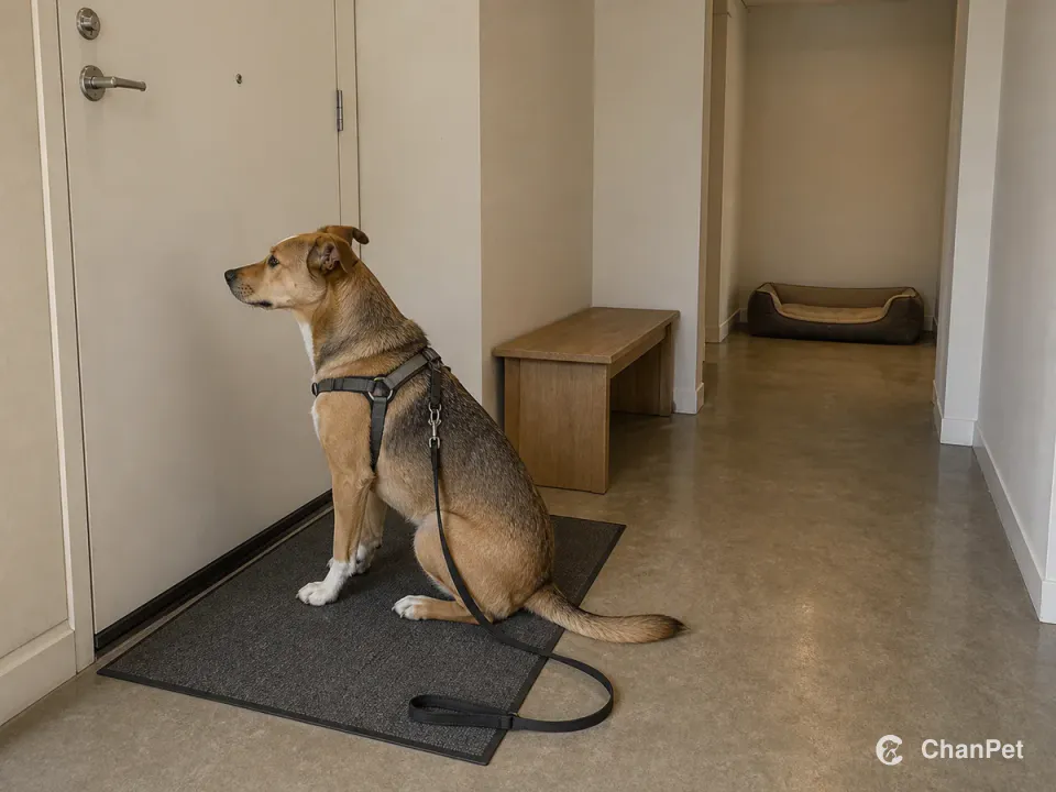 A medium mixed-breed dog in a harness sits calmly on an apartment entry mat, with a slack leash and clear corridor leading to its bed.