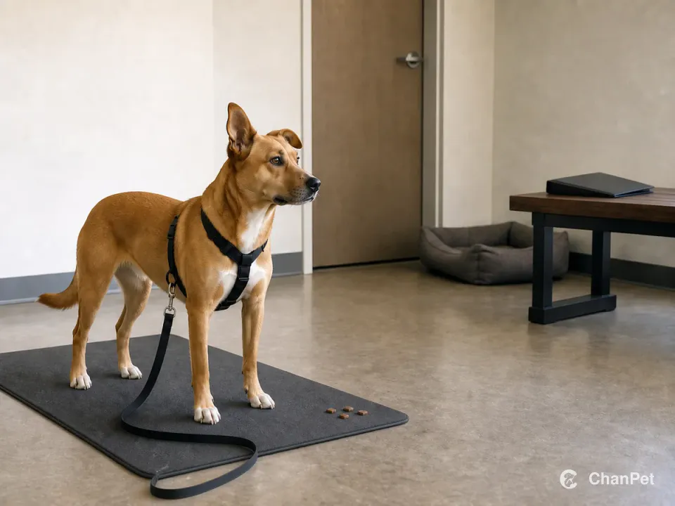 A medium adult mixed-breed dog in a plain harness observes the room inside a closed door, with a relaxed leash on the mat, a few rewards, and a blank health folder nearby.
