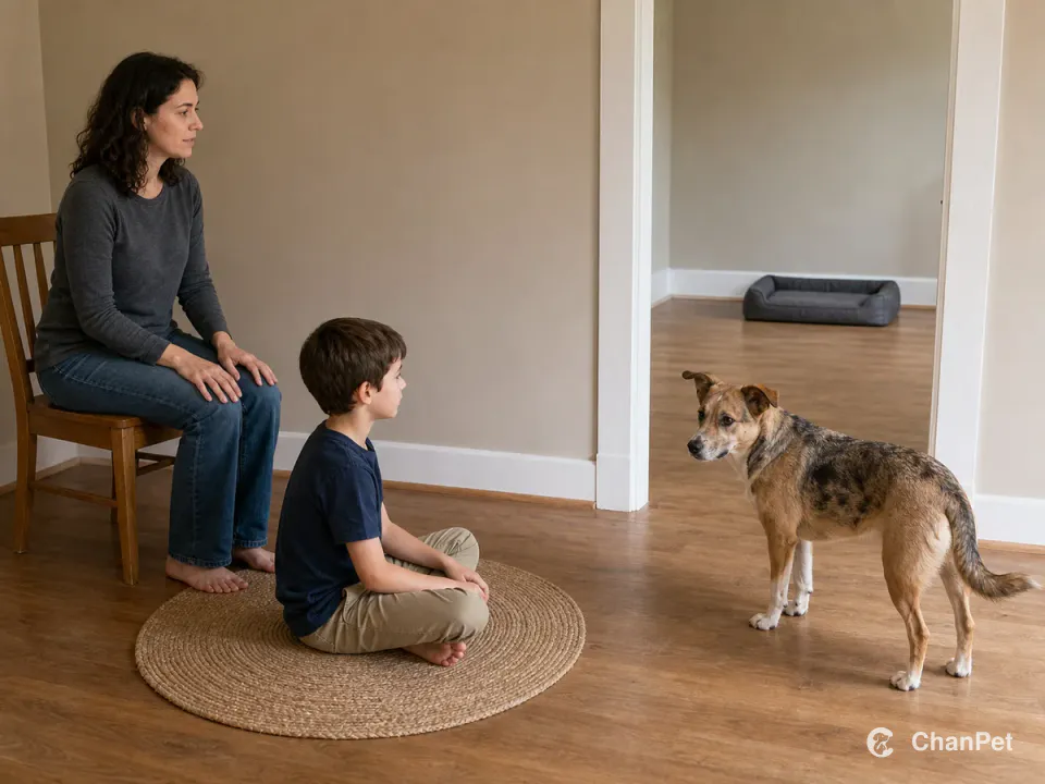 A child sits on a round rug at a gentle distance from a medium mixed-breed dog while an adult supervises and an open doorway leads to the dog's bed.