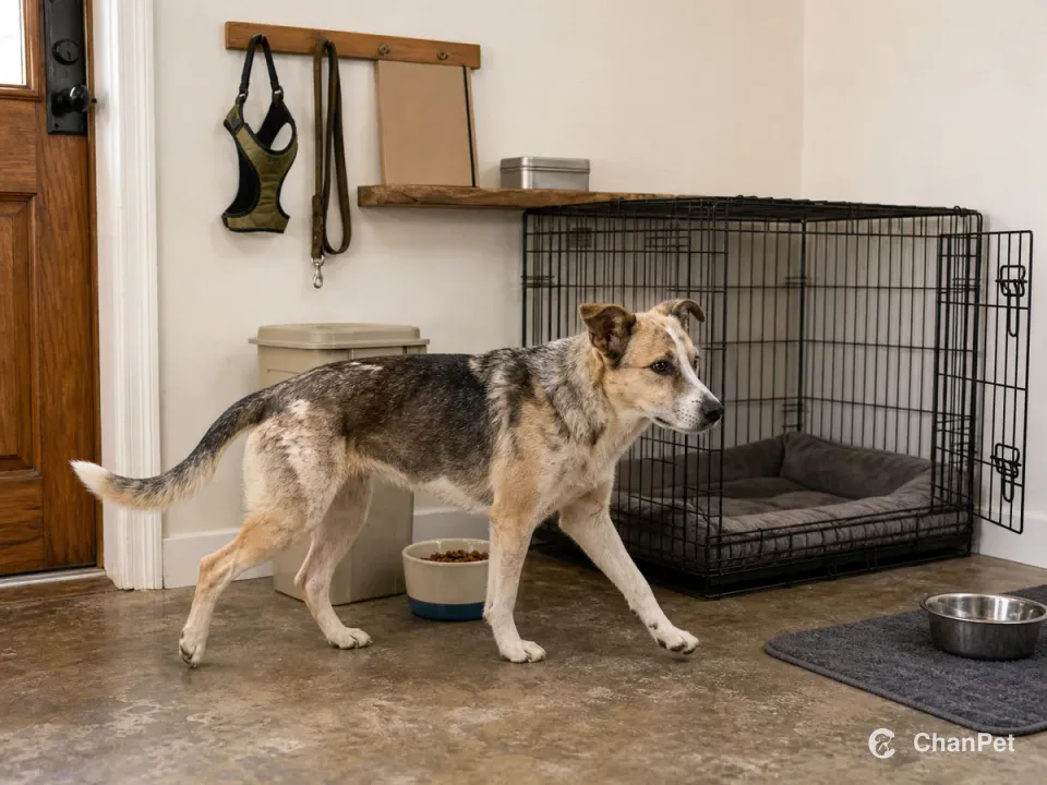 A medium-sized mixed-breed dog with an irregular patched coat walks past a correctly sized travel crate whose door is fully open. Durable walking gear, a food bin and meal bowl, a plain health folio and a closed reserve box complete the care corner.