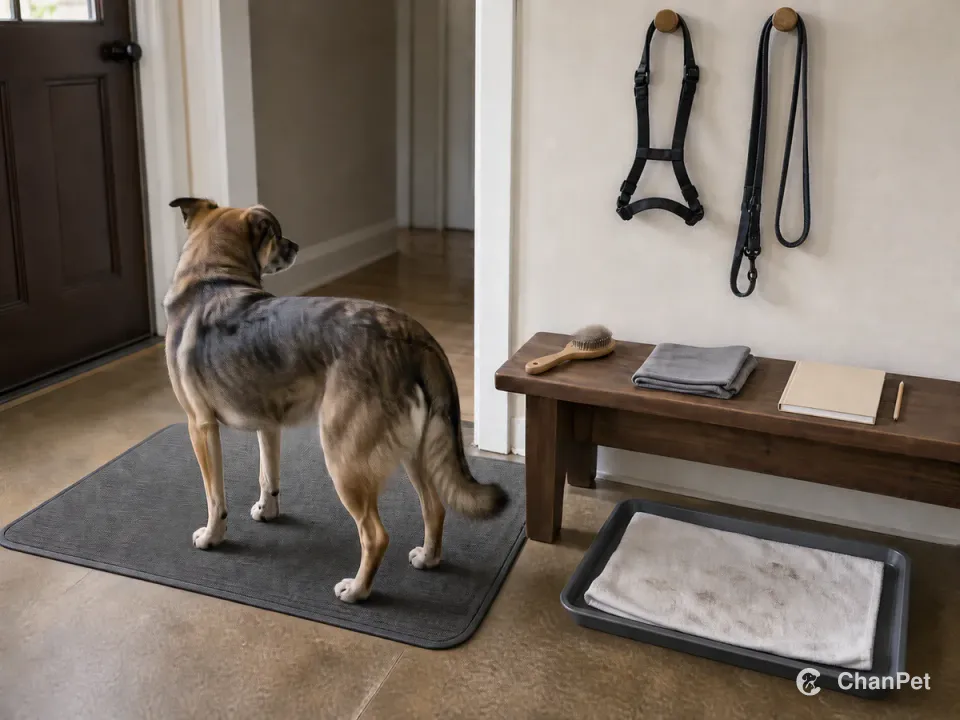 A medium mixed-breed dog stands on an entry mat beside a paw towel, a brush holding shed hair, a blank notebook, and walking gear.