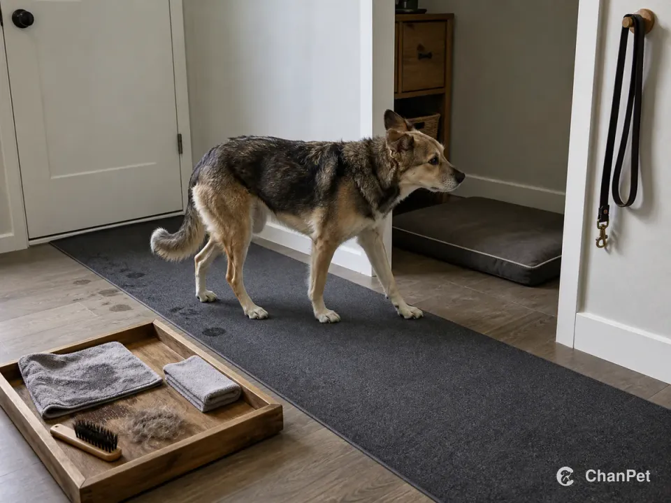 一只中等体型的斑驳中毛混种犬闭口缓步离开带有少量潮湿脚印的门垫，走向开放休息区的低垫；前方木托盘放着用过的擦脚布、干布、刷具和与被毛颜色相同的小毛团，墙钩上归位着牵引绳。