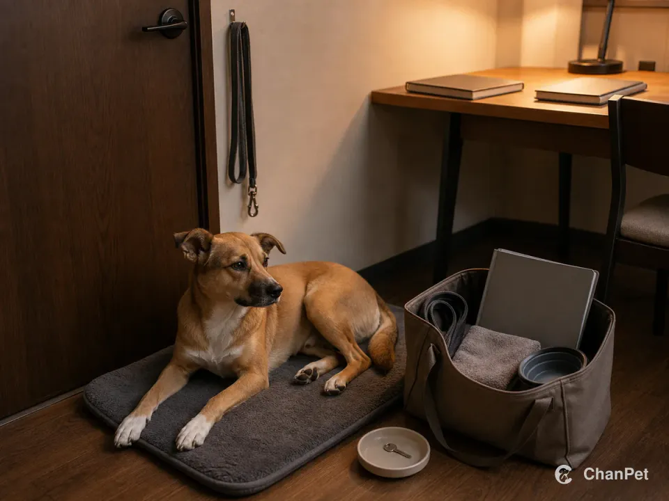 An adult mixed-breed dog rests beside a closed door, with its everyday leash nearby and a backup-care tote holding a spare leash, towel, water bowl, and blank health folder.
