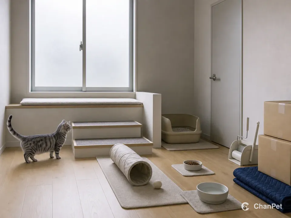 A short-legged Munchkin stands beside two shallow steps to a low window bench, with a floor tunnel, spaced food and water, a low-entry litter box and moving cartons arranged around a clear route