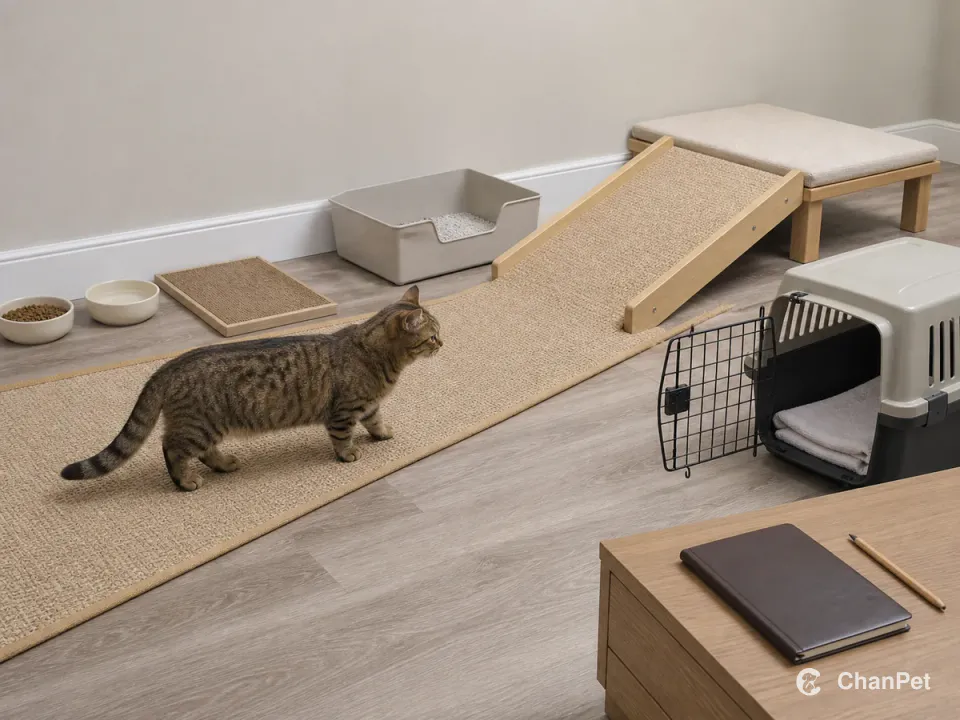 An adult Munchkin walks on a nonslip runner that connects shallow food and water dishes, a flat scratching pad, a low-entry litter tray, a gentle ramp to a low resting platform and an open carrier. The cat's short legs, level back, four paws and complete tail are clear, with a blank record book and pencil on the cabinet.