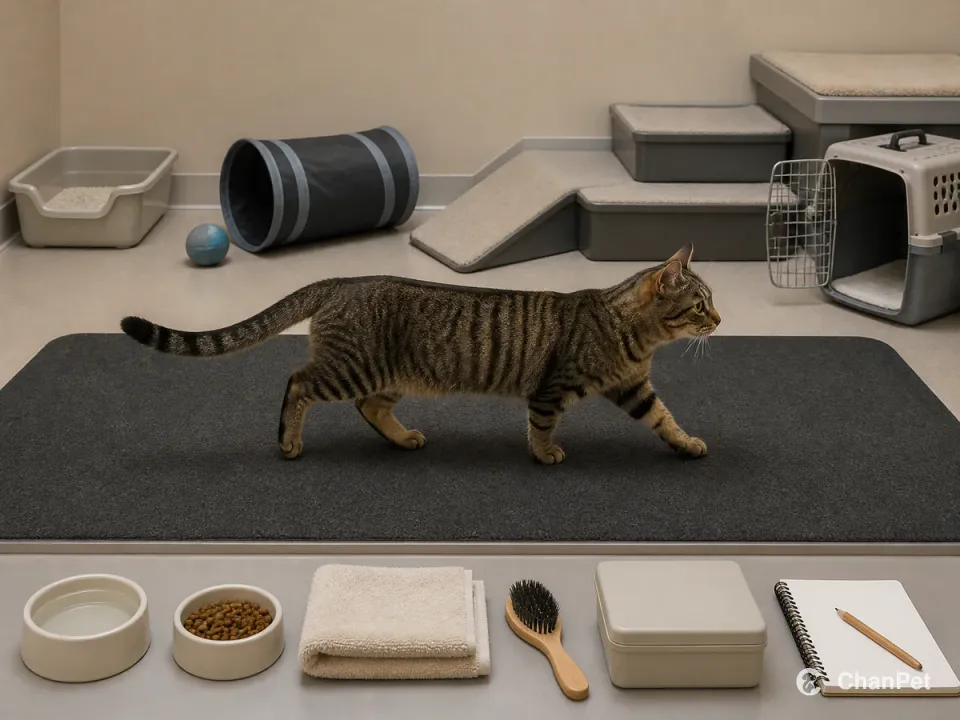 An adult Munchkin walks in full side profile on a nonslip observation mat beside a low-entry litter tray, shallow ramp, open carrier, and blank care notebook