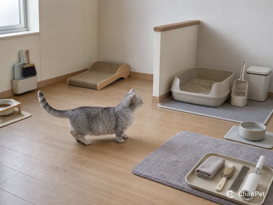 A short-legged Munchkin stands on a clear floor route between a low grooming mat and a low-entry litter box, with food, water and cleaning tools kept in separate zones