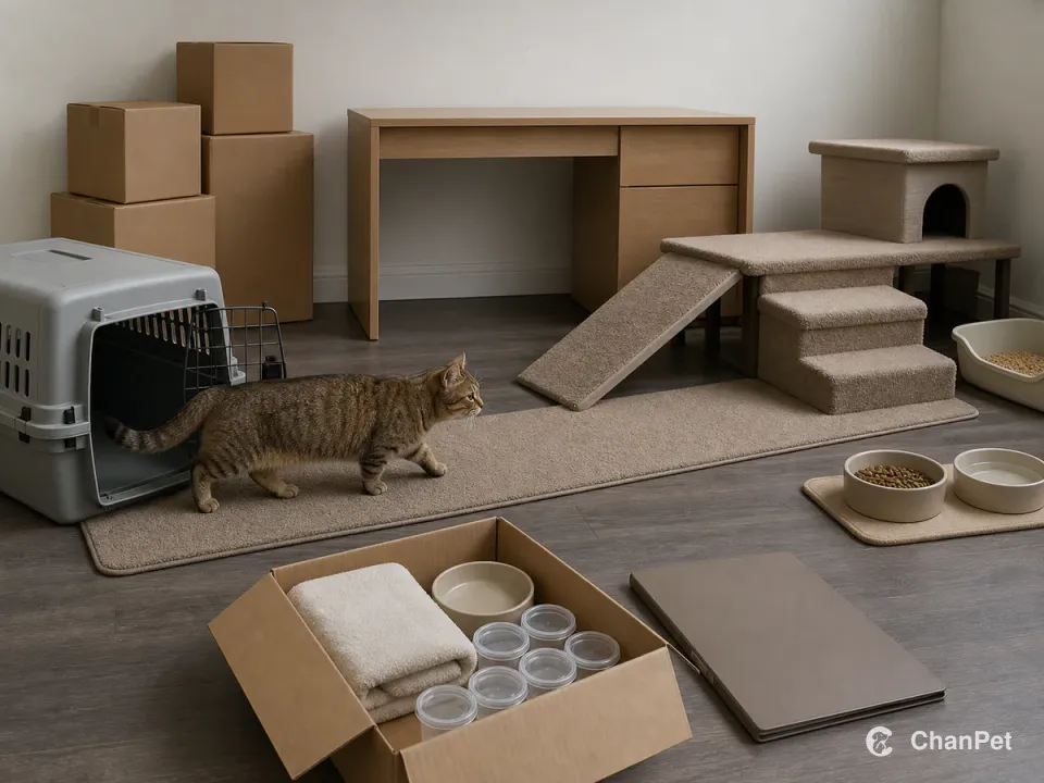 A Munchkin walks from an open carrier toward low litter, food, water, a ramp, and a resting platform beside plain moving boxes
