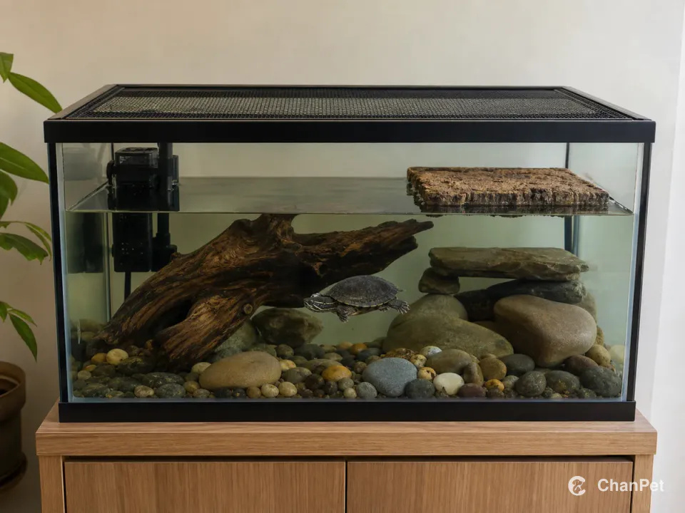 一只麝香龟在带网盖的水族箱里游过沉木和石头。