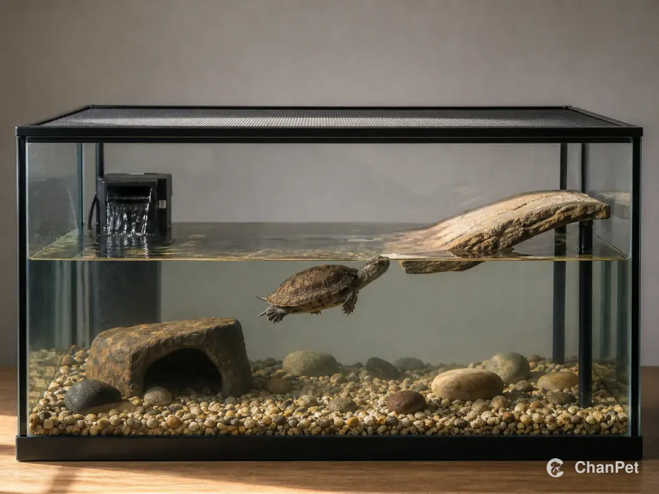 A musk turtle swimming inside a closed glass aquarium, with a visible waterline, fixed filter, basking platform and underwater hide.