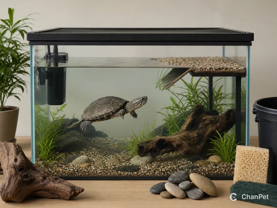 A musk turtle swims in an aquarium with a closed mesh lid, filter and resting platform while unbranded maintenance essentials sit outside.