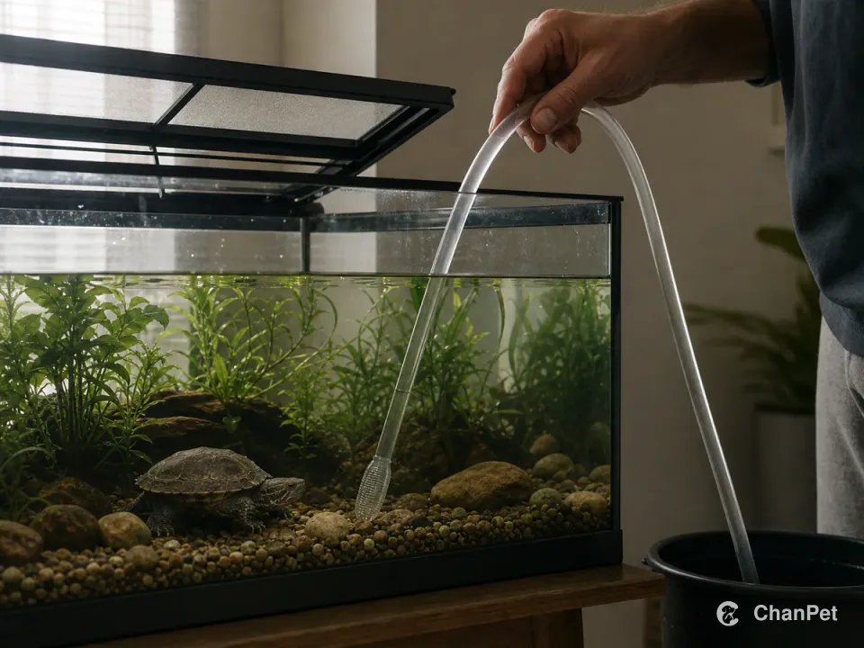 A musk turtle aquarium with an open mesh lid; a siphon enters through the top opening while the turtle moves on the bottom