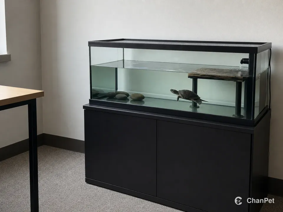 A musk turtle in a covered aquarium on a dedicated sturdy cabinet with clear maintenance access beside it.