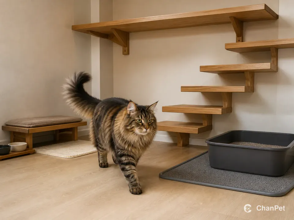 A Norwegian Forest Cat walks across a clear indoor floor route with sturdy high platforms, wide steps, a large litter tray, resting bench and grooming mat.