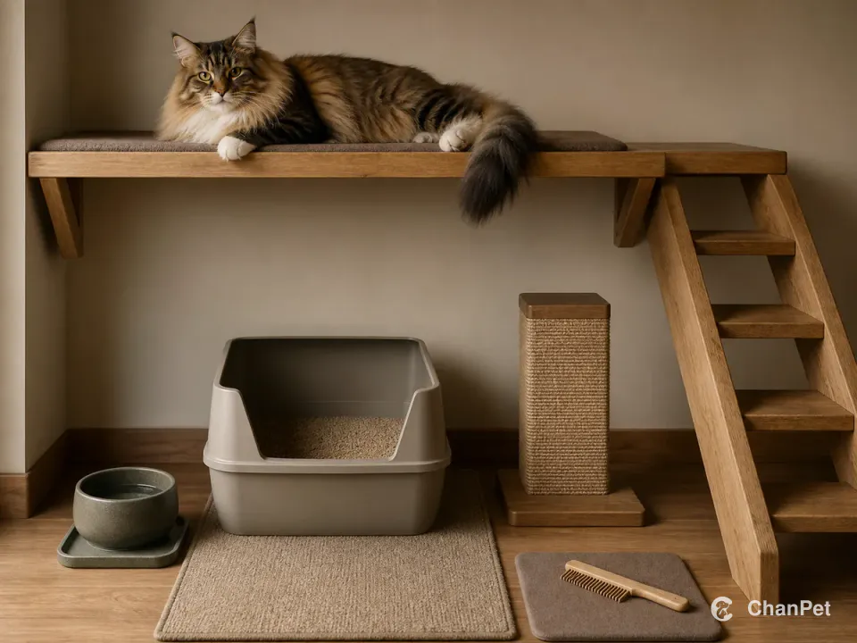 A Norwegian Forest Cat rests on a broad secure wooden platform with short steps, while a roomy litter tray, scratching post, water bowl and plain wide-tooth comb sit below.