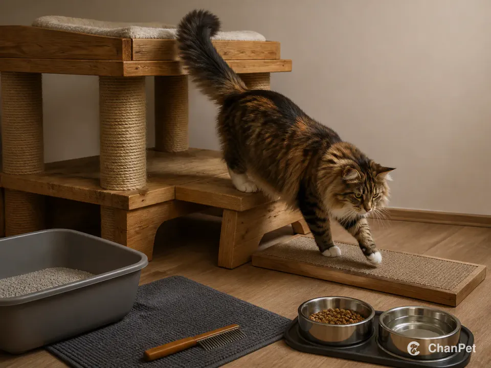 A Norwegian Forest Cat walks down sturdy wooden steps from a perch beside a roomy litter tray, scratch surface, food and water bowls, and a plain wide-tooth comb.