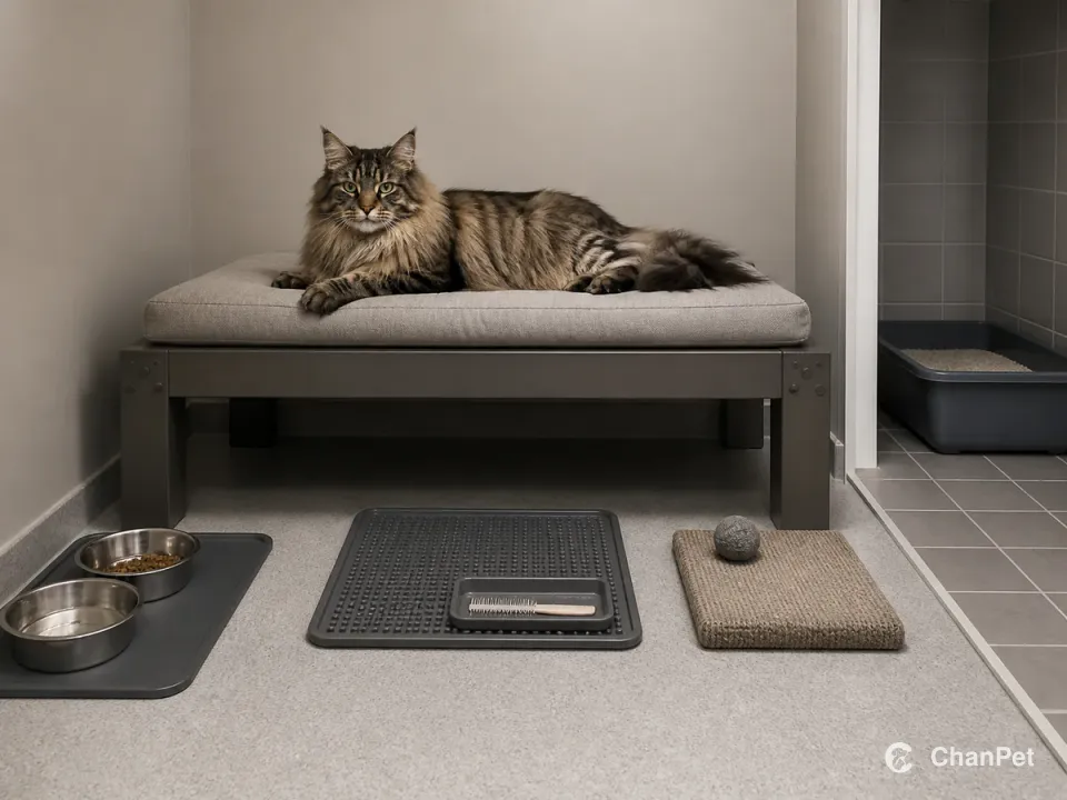 A brown tabby Norwegian Forest Cat rests on a wide raised platform above a grooming mat and comb, with separate food, litter and scratching areas nearby.